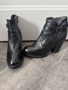 Women's Black Leather Ankle Booties with Buckle Detail